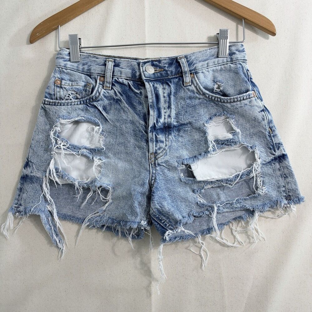 We The Free- Blue Destroyed Denim Button Front Shorts Size 24 Free People